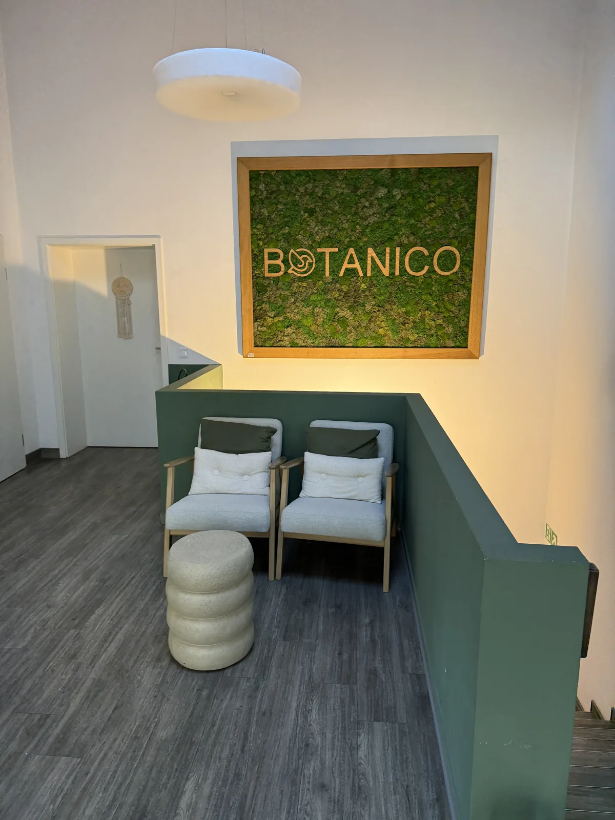 Deux fauteuils sous un panneau végétal portant le nom Botanico