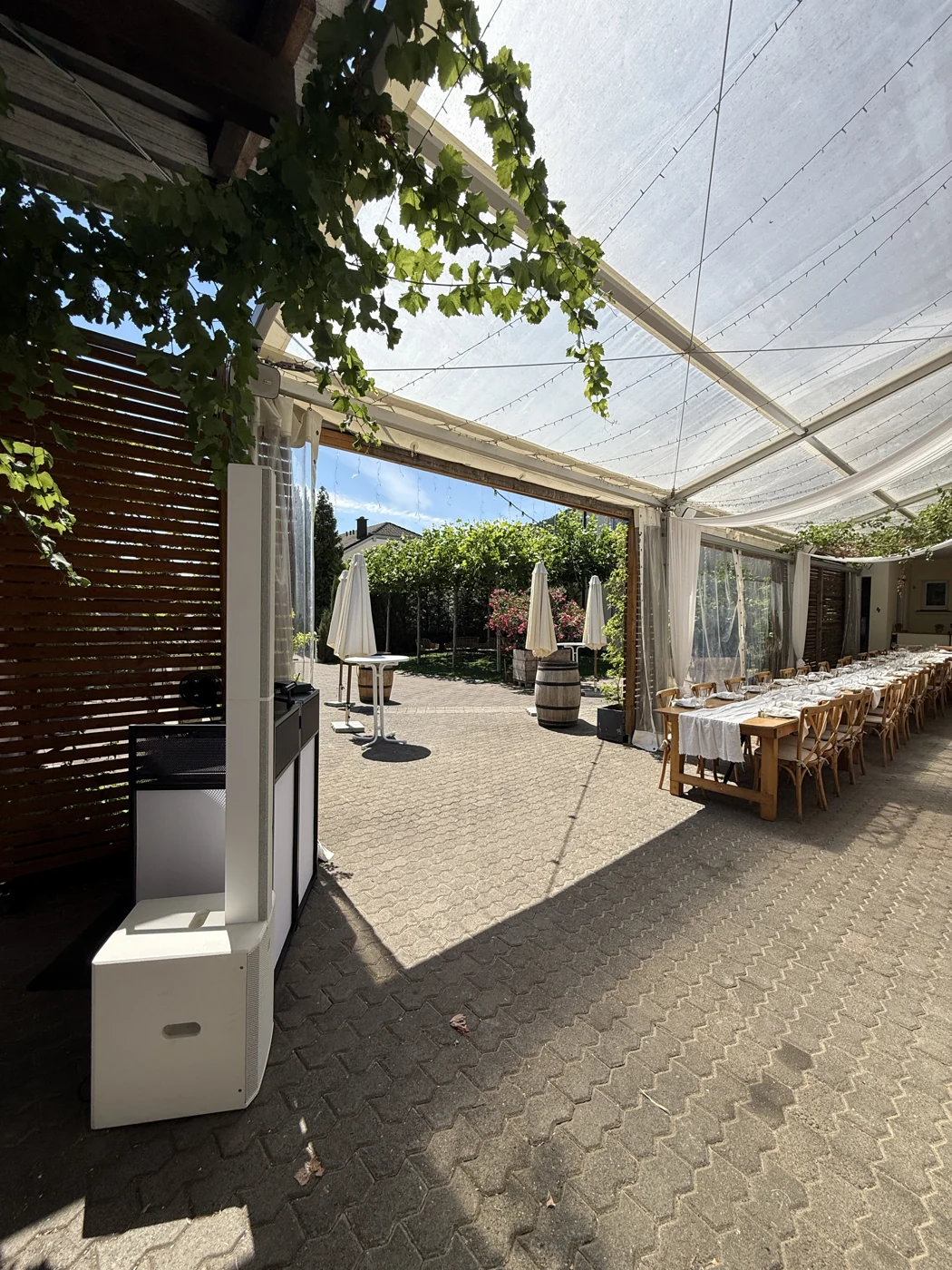Covered dining area looking onto the courtyard